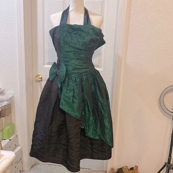 Gunne Sax By Jessica McClintock 80’s-90’s Halter Taffeta Green Bow Dress - Picture 3 of 16
